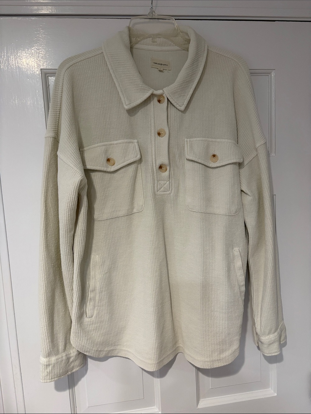 Thread & Supply Cream Ribbed Zip-Front Shacket. Large